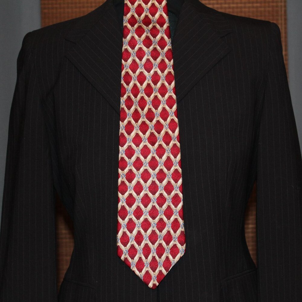 Oscar de la Renta 100% Silk Tie geometric trellis red cream blue